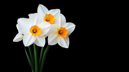 Fototapeta premium Elegant White Daffodils with Bright Orange Centers on Black Background