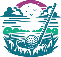 Golf ball on tee, sunset scene.