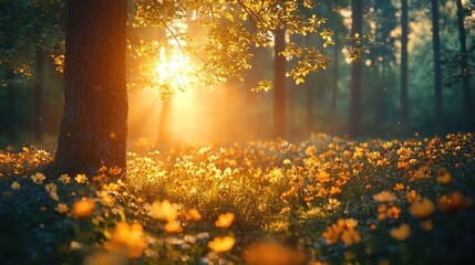 Serene sunrise illuminating a vibrant flower field in a tranquil forest setting