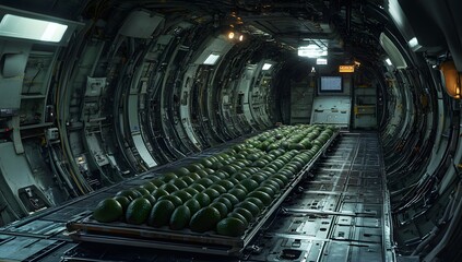 Fototapeta premium Cargo plane interior, avocado shipment, dark tunnel, loading