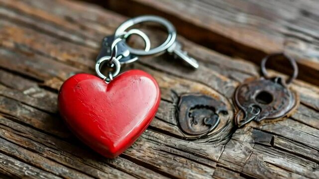 Red heart-shaped keychain on rustic wood.