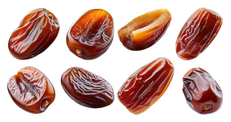 Assorted Organic Dates with Different Shapes and Textures on White Background, isolated on transparent background