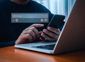 AI chatbot, search engine optimization tools, SEO online technology concept. Conversation message box for generate text, image, or audio prompt, appear while businessman use app on smart mobile phone.