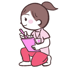 しゃがんで記録する女性イラスト