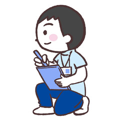 しゃがんで記録する男性イラスト