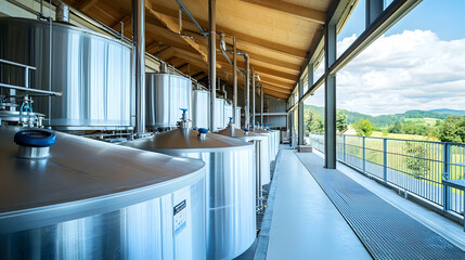 Fototapeta premium Modern winery fermentation tanks, hillside vineyard view, wine production facility, industrial architecture, beverage industry