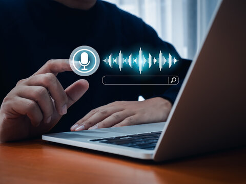 Voice search optimization (VSO) technology concept. AI conversational assistant automation bot with digital sound wave audio graphic and search engine bar while man press on microphone button.
