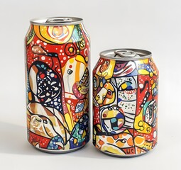 Colorful abstract designs on two different sized aluminum cans on a white background