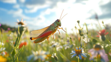 grasshopper leaping through vibrant field of wildflowers, showcasing nature beauty and energy