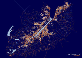 vector map of highway waterway and buildings in tai po district in hongkong with blue and orange theme