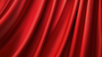 A rich, textured red curtain drapes elegantly, showcasing graceful folds and a luxurious sheen.