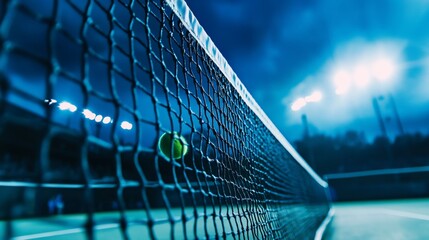 Dramatic Tennis Match Point: Close-Up of Ball Hitting the Net at Night