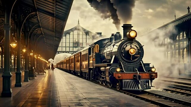 Retro steam train arriving at a vintage train station platform.