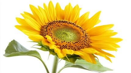 Fototapeta premium Vibrant sunflower in full bloom, showcasing its bright yellow petals and dark brown center against a crisp white background.
