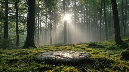Naklejka premium Sunlight filtering through misty forest trees illuminating a moss-covered stone in serene nature