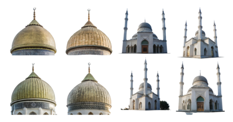 Detailed Architectural Views of Domes and Minarets in Islamic Design, isolated on transparent background