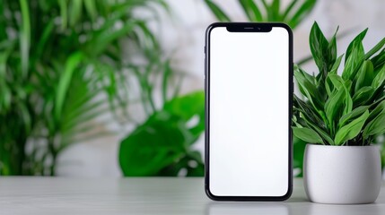 Serene workspace, white phone and green potted plant on a table. natureinspired productivity