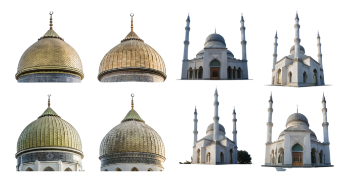 Detailed Architectural Views of Domes and Minarets in Islamic Design, isolated on transparent background