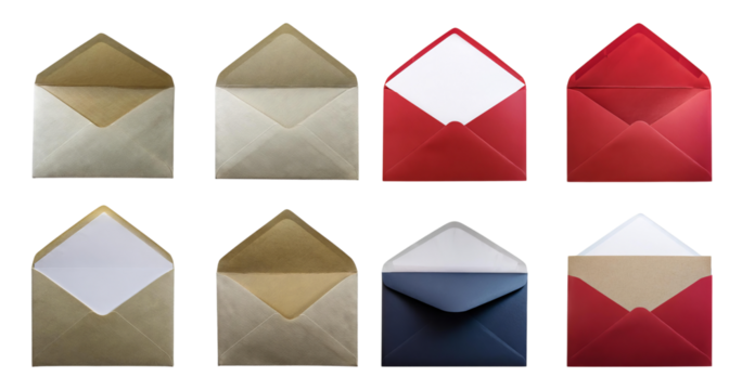 Assorted Colorful Envelopes for Invitations and Greeting Cards, isolated on transparent background