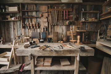 Aged Tools, Shelves, Vintage Charm, Brown Tones, Textured Wood, Organized Chaos, Workshop Interior, Close-Up View