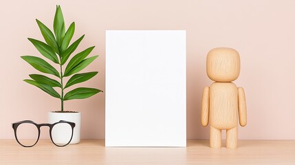 Minimalist workspace featuring a blank canvas, wooden figure, glasses, and a plant against a pastel background