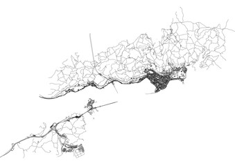 vector map of highway and building  in tsuen wan district in hongkong with black and white theme