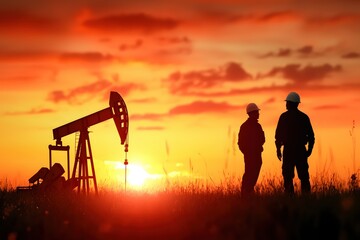Silhouette of Oil Workers at Sunset with Pump Jack in Field Under Dramatic Sky