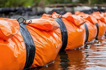 Row of Orange Silt Curtains in Water Reflecting Light and Protecting the Environment from Pollution