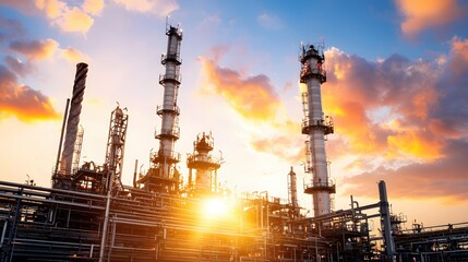 Industrial plant complex at sunset with vibrant sky and sun flare creating a dramatic and powerful visual of energy production and infrastructure