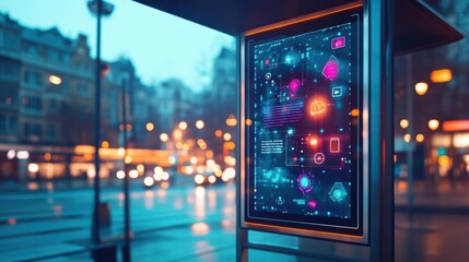 Obraz premium Modern Bus Stop Featuring Digital Interface with Interactive Display and Urban Surroundings Capturing Commuter Experience in a Busy City Environment