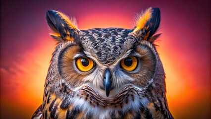 Obraz premium Majestic Great Horned Owl Long Exposure Pink Background Close Up Photography