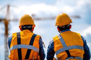 Two Construction Workers in Hard Hats and Safety Vests Observing a Construction Site Together