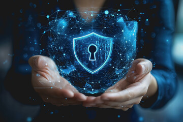 Person holding a shield with a lock symbol for security and protection concept