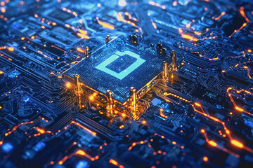 Computer chip on a circuit board with a glowing blue background in a technology setting