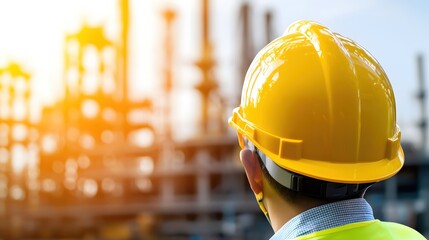 Focused engineer wearing yellow hardhat overseeing industrial construction project with blurred background and bright sunlight highlighting safety