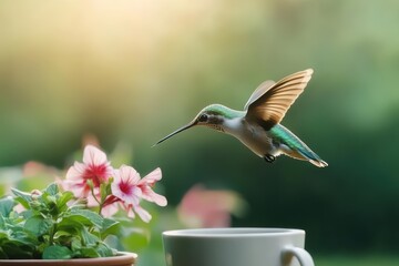 Obraz premium Colorful Hummingbird Gracefully Hovering Above Vibrant Flower Pot Filled with Lush Blossoms in a Bright Garden Setting Capturing Nature's Beauty