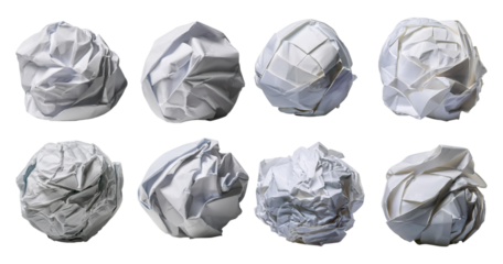 Crumpled White Paper Balls on Black Background for Office Use, isolated on transparent background