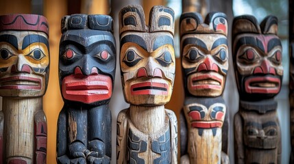 Vibrant totem poles showcasing intricate carvings and rich cultural symbolism.