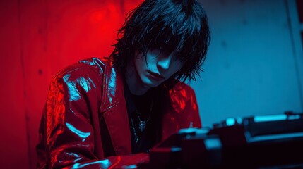 Pensive Man at a Glowing Tech Station with Cyberpunk Vibe.