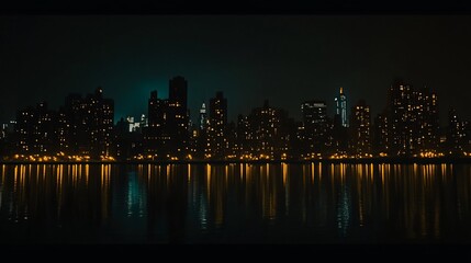 Naklejka premium Night cityscape reflection, harbor, urban skyline, glowing lights, tranquil waters, film noir aesthetic