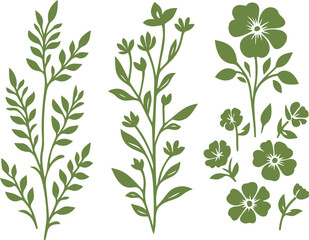 Green floral silhouettes, botanical design elements.