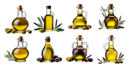 Collection of Olive Oil Bottles and Fresh Olives on White Background, isolated on transparent background