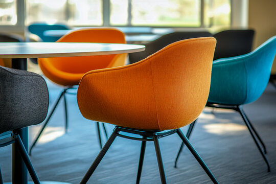 Vibrant orange and blue chairs surround a round table in a sunlit modern office. - Powered by Adobe