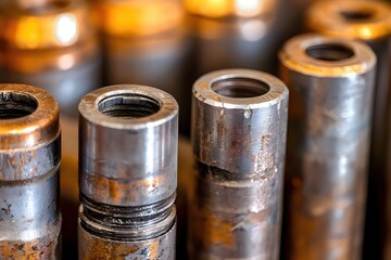 Close up of Industrial Metal Cylinders Showing Wear and Tear in a Factory Setting