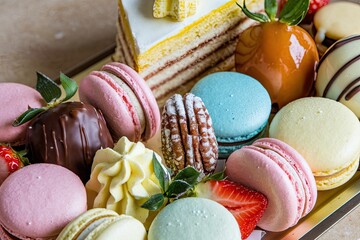 macarons, cake slice, & chocolate-covered strawberries in pastel tones, studio shot