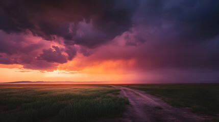 Dramatic sunset over field, dirt road, storm clouds