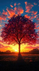 Obraz premium Majestic autumn tree silhouetted against a vibrant sunset with colorful clouds in the background