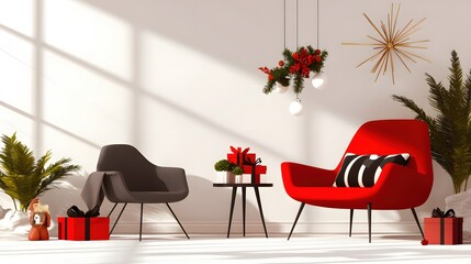Festive Christmas Interior with Modern Chairs Gifts and Decorations in Bright Sunlight
