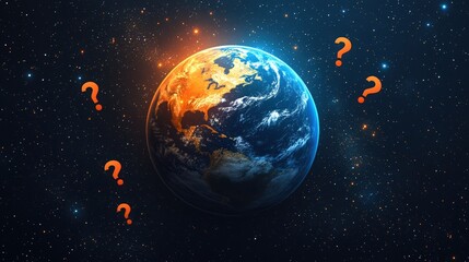Earth in Space with Question Marks Representing Curiosity and Mystery
