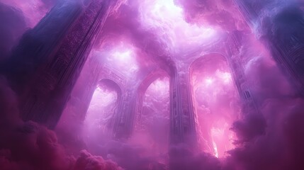Ethereal Dreamlike Landscape with Archways and Colorful Clouds